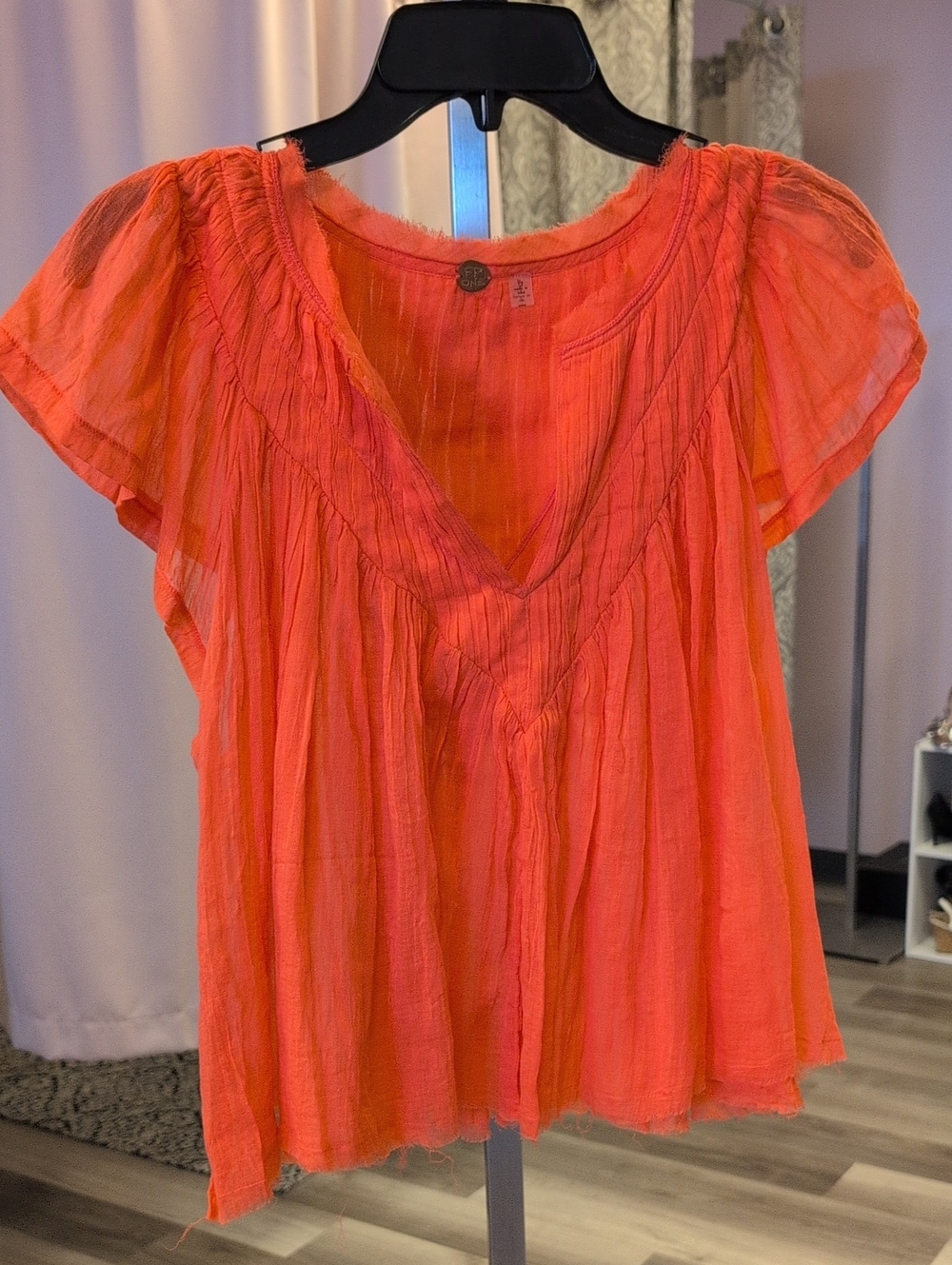 Free People Bright Coral Crinkled V-Neck Peasant Top